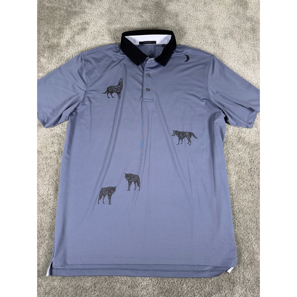 Greyson Clothiers Mens Wolf Graphic Golf Polo Shirt Blue Gray Large Short Sleeve